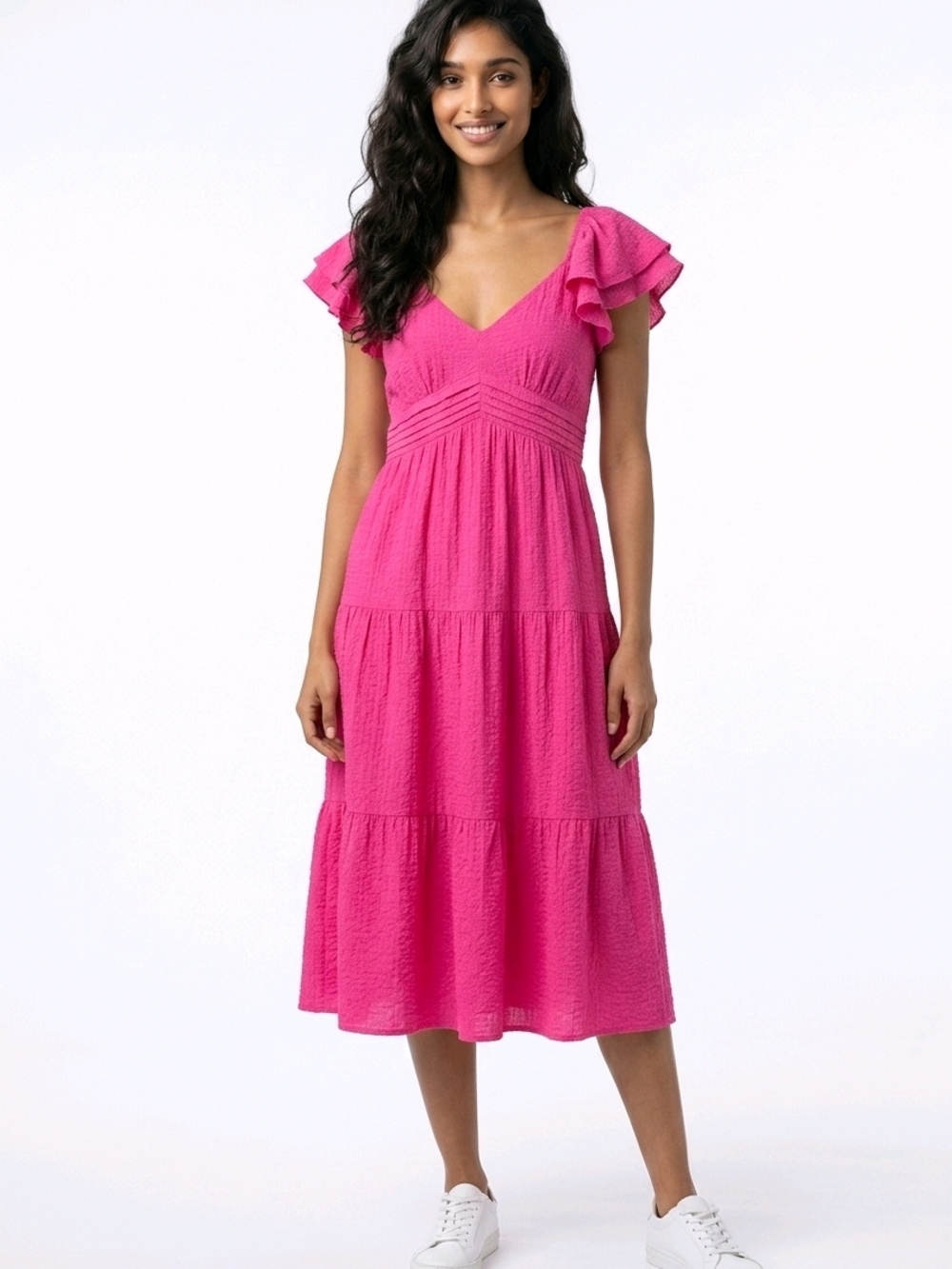 Trixxi Pink Flutter Sleeve Tiered Midi Summer Dress Size Medium